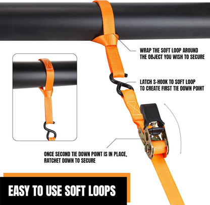 Cartman 1" x 15' Ratchet Tie Down up to 1500lbs 4pk in Carry Bag, with 18" Soft Loop Tie-Down Straps & 32" Bungee Cord