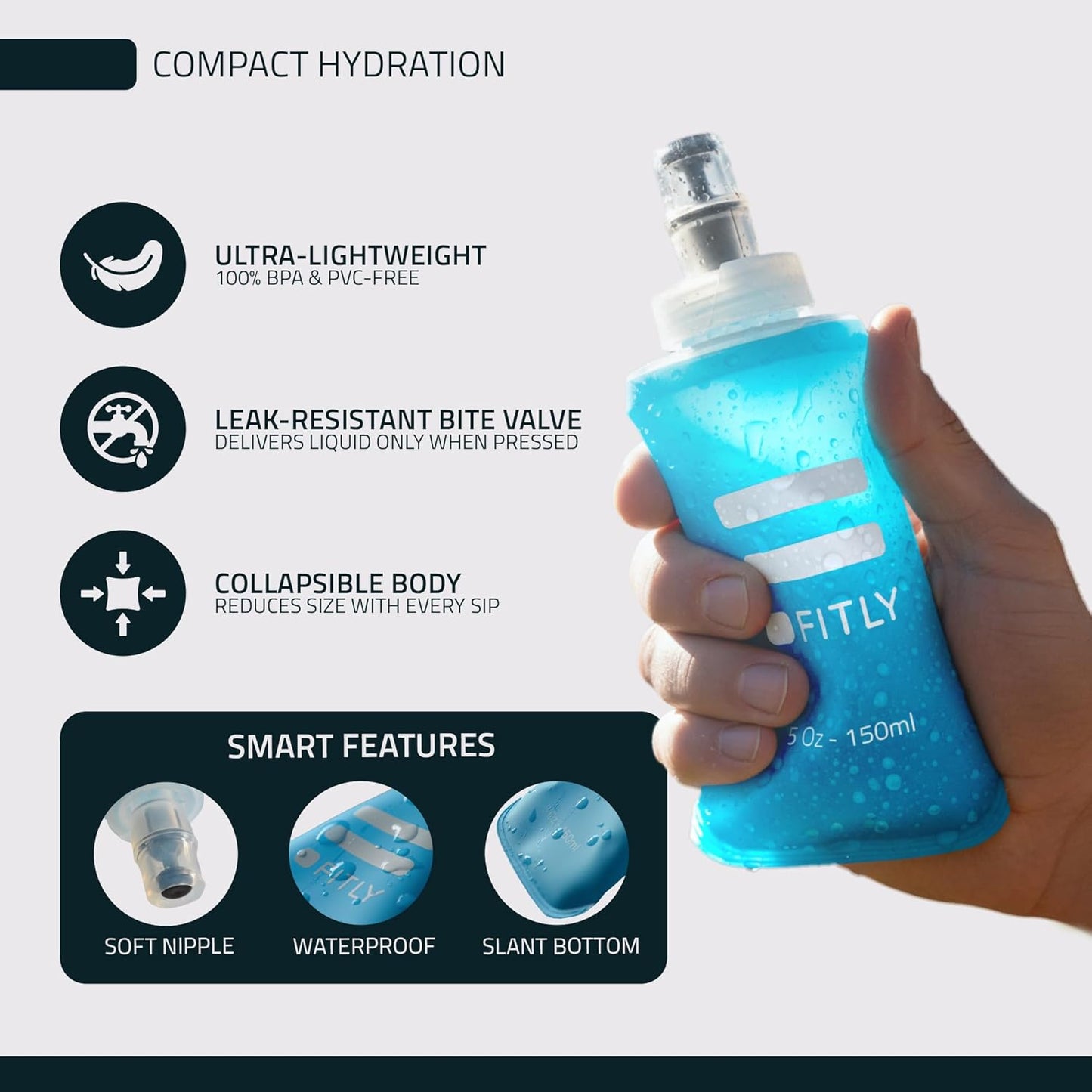 FITLY Soft Flask - Shrink As You Drink Soft Water Bottle for Hydration Pack - Folding Water Bottle Ideal for Running, Hiking, Cycling, Climbing & Rigorous Activity