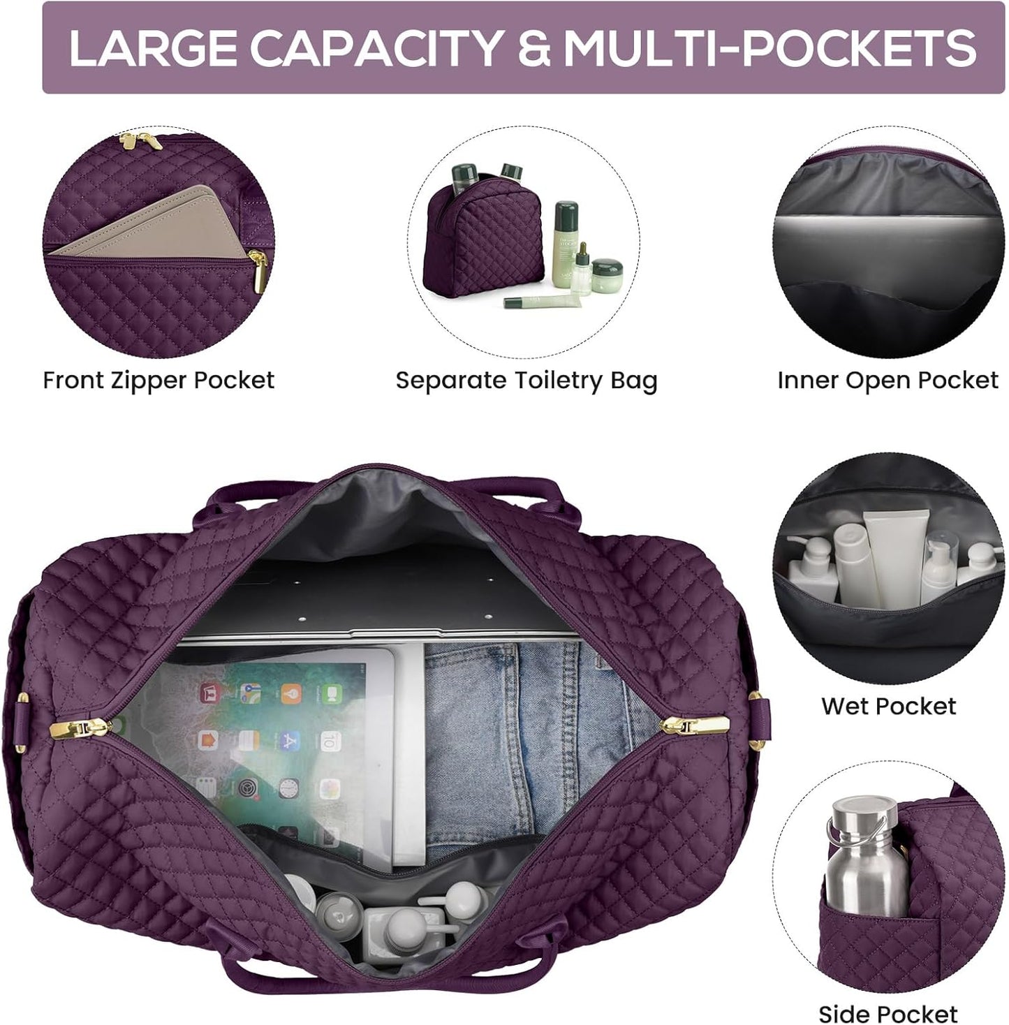Travel Duffle Weekender Bags for Women - Carry on Overnight with Shoe Compartmen Duffle Bag Hospital Bag Dark Purple