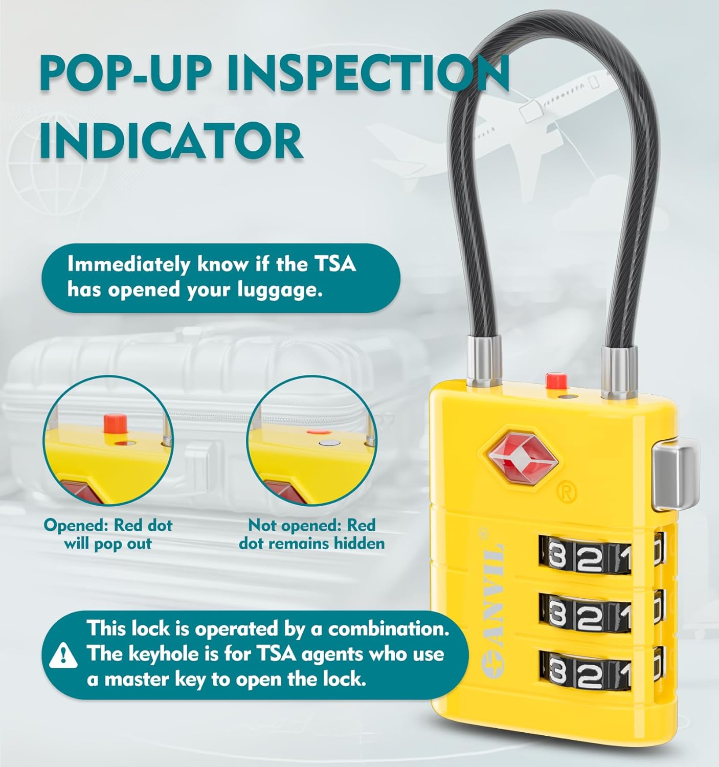 ANVIL TSA Approved Luggage Locks – High Security TSA008 Combination Travel Locks with Inspection Indicator for Suitcases and Backpacks. (2, Yellow)