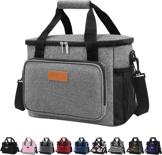 iknoe Thickened Lunch Bag - Soft Coolers Insulated, Leak Proof Tote with Zippered Top - Great for Work, Picnic, Beach - 18-Can Capacity, Grey