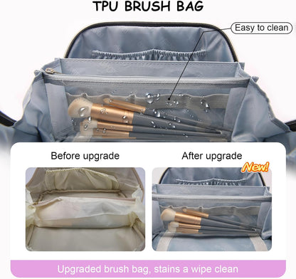 Travel Makeup Bag Organizer Cosmetic Bag: 3 Pcs Set Make up Bags for Women with Handle - Waterproof Vegan Leather Toiletry Bags with Comparments (C-01-Purple)