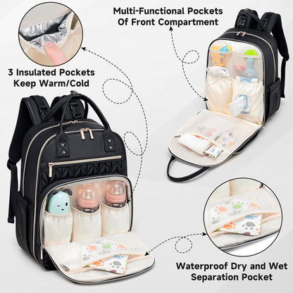 Diaper Bag Backpack,Stylish Baby Diaper Bag,Waterproof Travel Diaper Backpacks Baby Bags with Changing Pad,Stroller Straps,Insulated Pockets (Black)
