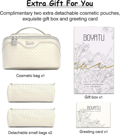 BOYATU Travel Makeup Bags for Women: Large Cosmetic Bag - Vegan Leather Make up Bags Set of 3 - Protable Toiletry Bag Compact Organizer with Compartments (L09 Beige)