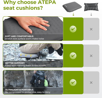 ATEPA Inflatable Stadium Seat Cushion, Self-Inflating Memory Foam Stadium Seats Bleacher Seat Chair Cushion Pad for Airplane Travel Backpacking Sports Events