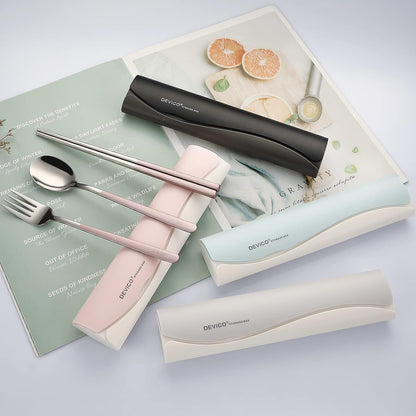 DEVICO Portable Travel Utensils with Case, Reusable Camping Silverware for Lunch, 18/8 Stainless Steel Cutlery Set (Pink)