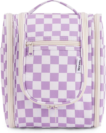 Narwey Small Checkered Hanging Travel Toiletry Bag for Women, Travel Bag for Toiletries, Makeup Bag Organizer Cosmetic Bags Make Up Bags for Women (Purple Checkerboard)