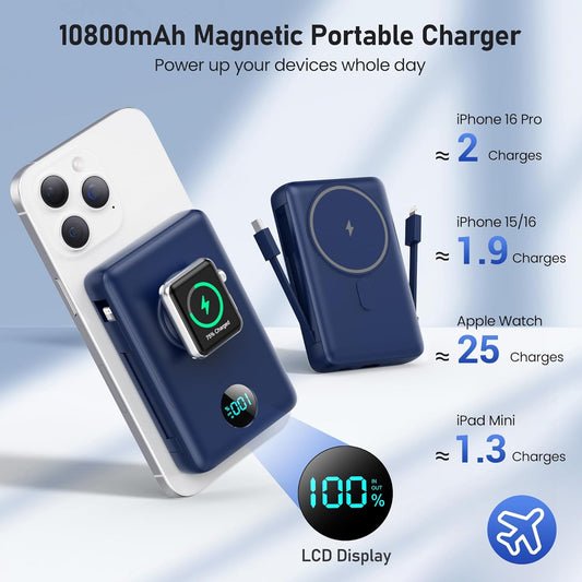 Magnetic Portable Charger for iPhone with Built-in Cables, 6-in-1 10800mAh Power Bank with iWatch Charger & LCD Display,25W Fast Charging Battery Pack for iPhone 16/15/14/13/12,Apple Watch (Blue)