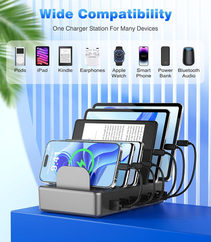 CREATIVE DESIGN 50W Charging Station for Multiple Devices,6 Port Multiple USB Charger Station with 6 Cables Compatible with iPhone,iPad Kindle Tablet and Other Electronic（Space Gray