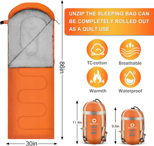 ECOOPRO Warm Weather Sleeping Bag - Portable, Waterproof, Compact Lightweight, Comfort with Compression Sack - Great for Outdoor Camping, Backpacking & Hiking-83 L x 30" W Fits Adults
