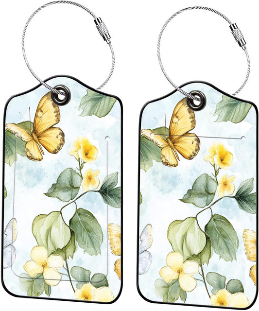 Luggage Tags for Suitcases, 2-Pack PU Leather for Cruise & Travel, Baggage ID Tags with Privacy Cover & Address Card, Durable Metal Ring, Kids Adults Travel Accessories, Watercolor Flutter