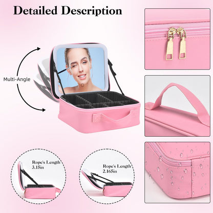 Travel Makeup Bag With LED Mirror,Makeup Travel Train Case with 3 Color Setting,Cosmetic Makeup Organizer Bag with Adjustable Dividers,Portable Make up Bag with Makeup Brush Holder Storage（Pink）