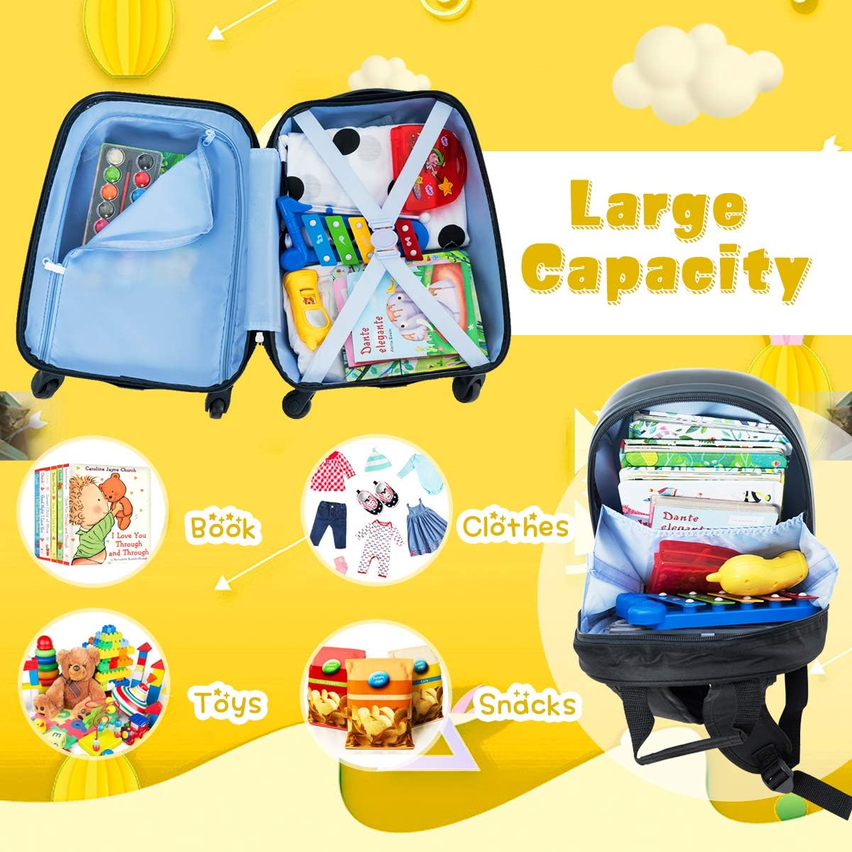 HONEY JOY Kids Luggage, 12" Toddler Backpack & 16" Travel Suitcase with Wheels, Lightweight Toddler Girls Suitcase, Durable ABS Hardshell, 2Pcs Carry On Luggage Set for Boys Girls, Black Monster