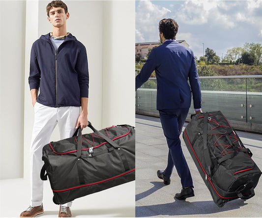 110L/140L Expandable Soft-Sided Foldable Duffle Bag with 2 Rubber Wheels,Packable 32” Rolling Carry-On with Multi-Pockets & Compartments,Black Red