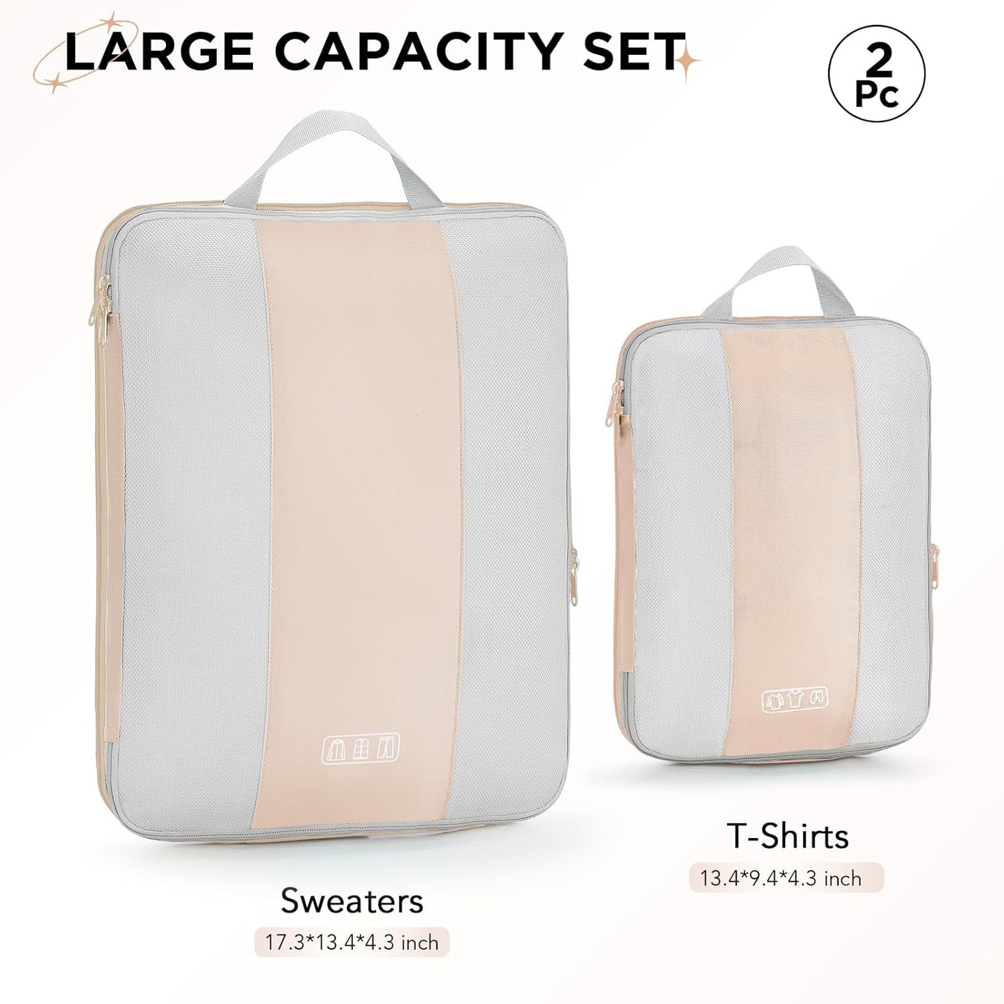 2 Set Compression Packing Cubes for Travel Essentials,Compressible Expandable Packing Cubes for Suitcase,OlarHike Luggage Organizer Bags for Travel,Handy Helper for Organizing Clothes(Beige)
