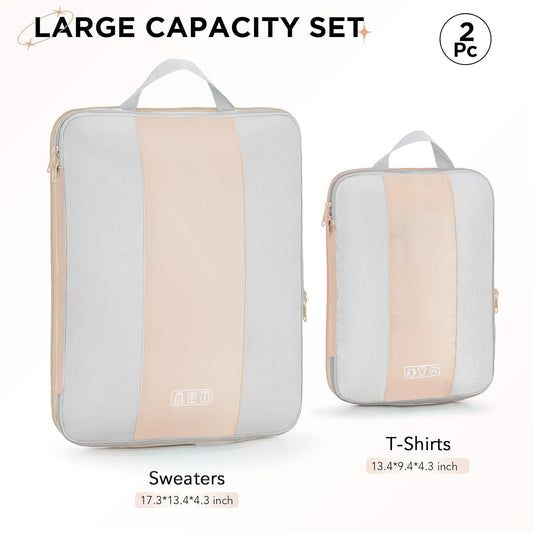 2 Set Compression Packing Cubes for Travel Essentials,Compressible Expandable Packing Cubes for Suitcase,OlarHike Luggage Organizer Bags for Travel,Handy Helper for Organizing Clothes(Beige)