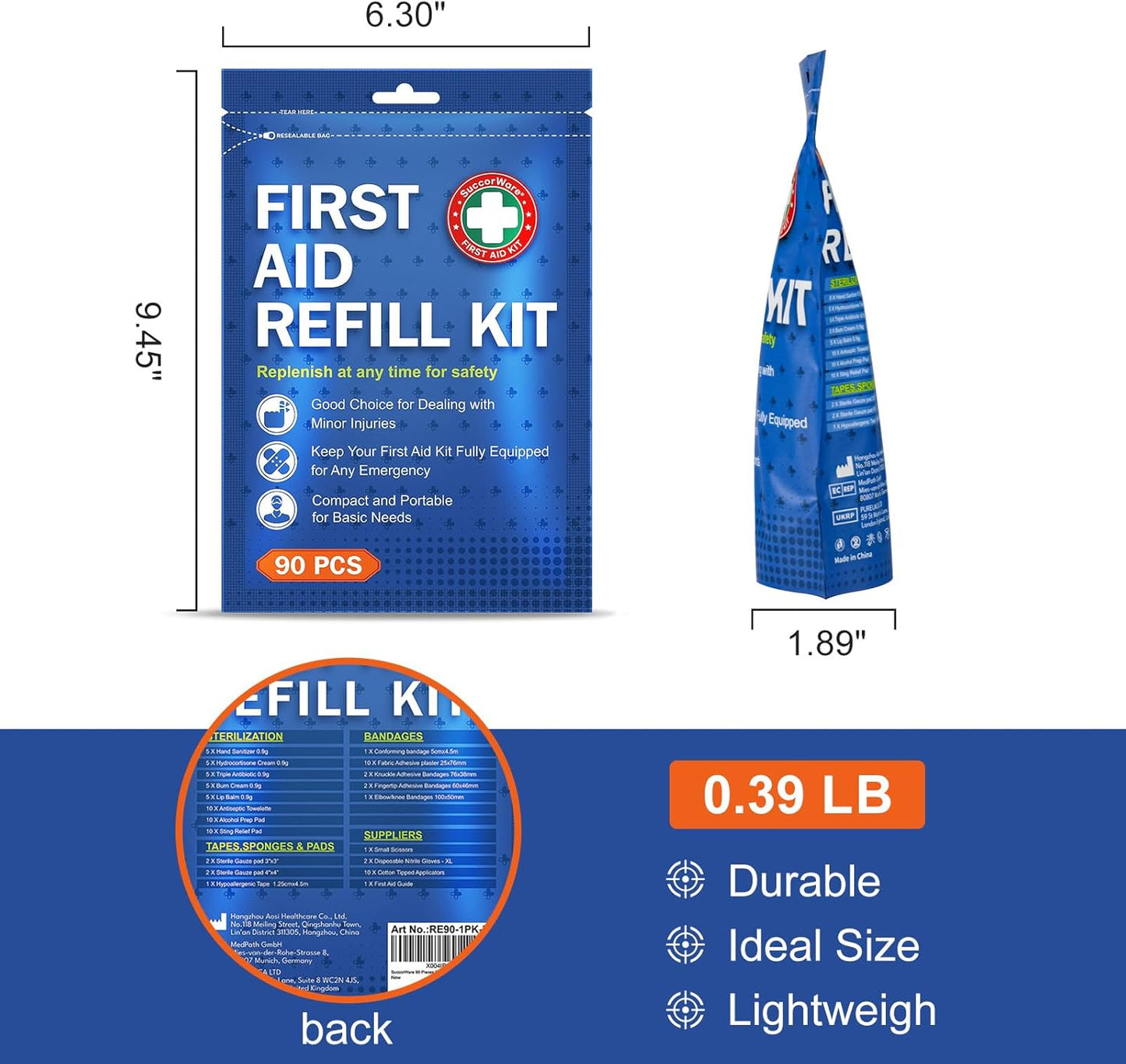 90 Pieces First Aid Refill Kit - Wound Care Kit Includes Bandages for Home, Travel, Hiking - Portable Replacement Kit for First Aid Medical Supplies（1 Set）