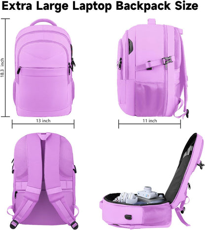 Lapsouno Large Laptop Backpack, Travel Laptop Backpack, 17.3 Inch Carry on Backpack with USB Port, TSA Travel Bag for Women, College School Backpack for Women, Light Purple