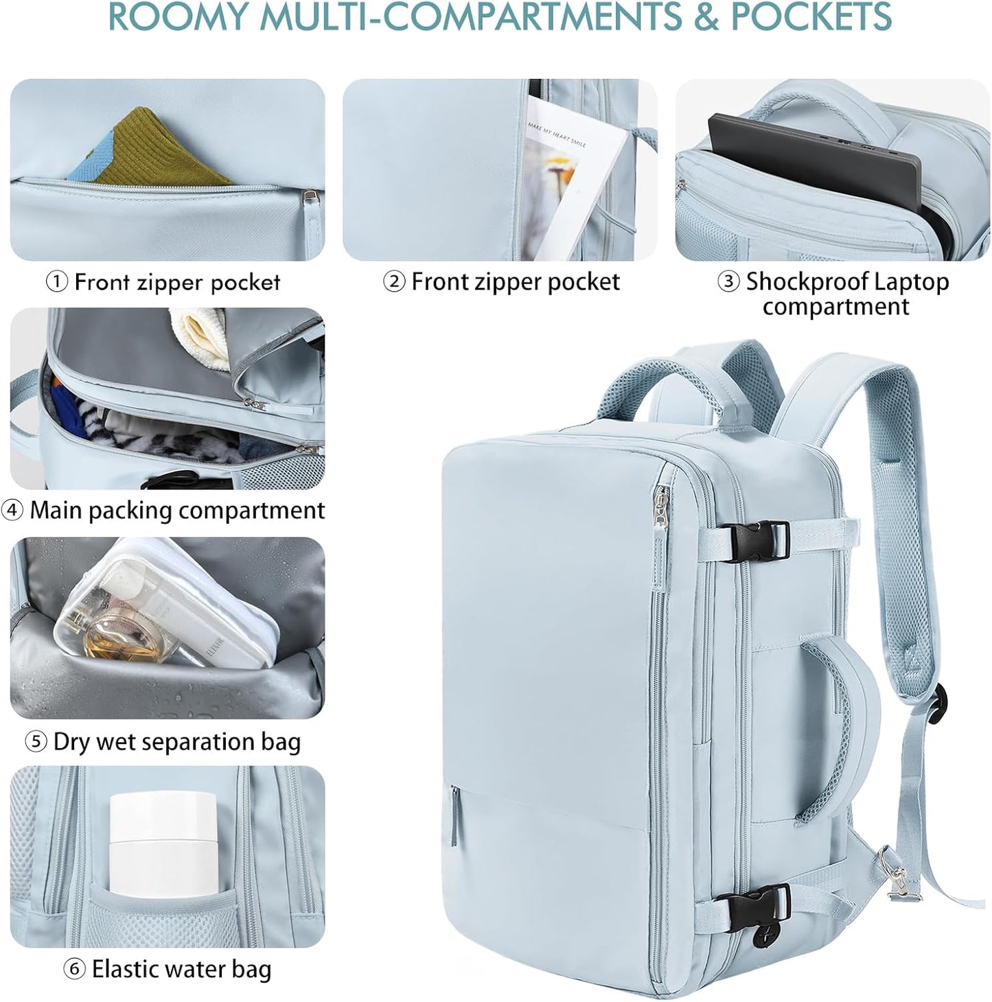 Beraliy Travel Backpack for Women Men, Carry On Backpack, 16 inch Laptop Backpack, Waterproof Casual College Daypack for Weekender Overnight Hiking, Light Blue