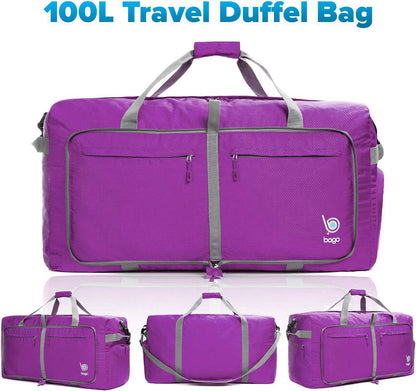Bago Large Foldable Duffel Bags for Traveling Women & Men - 100L Packable Duffle Bag for Travel with Shoe Compartment - Water Repellant, Heavy Duty, Lightweight Folding & Collapsible (Purple)