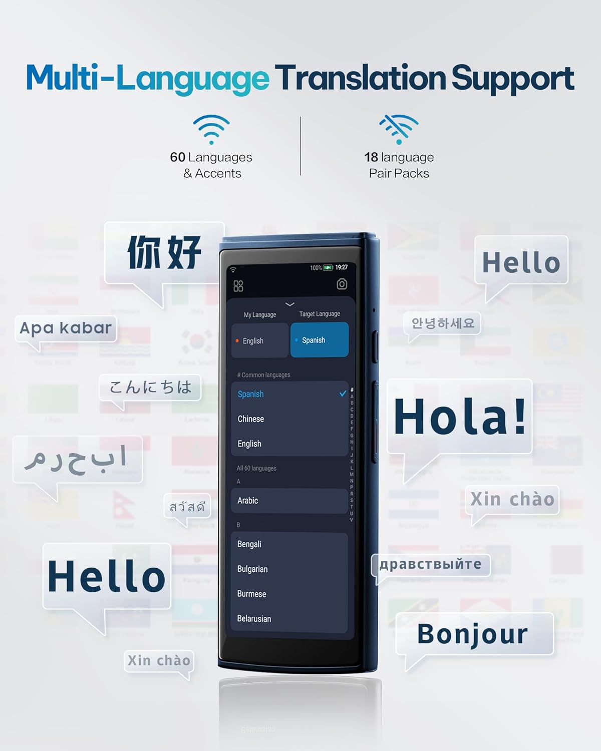 AI Language Translator Device — 60 Languages, Real-Time Split-Screen & Two-Way Instant Voice Translation, 18 Offline Packs, 2-Year Global Data for K-12 Education, Business, Travel