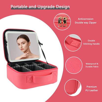 Makeup Bag with Led Mirror,Travel Makeup Organizer with 3 Color Setting & 10X Magnifying Mirror, Portable Storage and Adjustable Dividers Travel Makeup Bag-light red