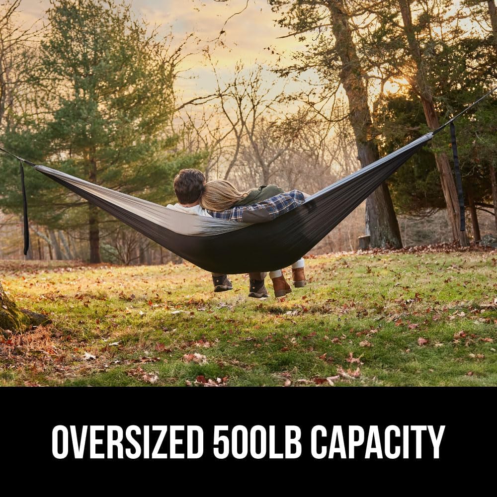 GORILLA GRIP Durable Portable Camping Hammock, Holds 500lbs with Heavy Duty Tree Straps, Comfortable Travel Swing, Camp Hammocks, Easy to Use and Install, Outdoor Essentials, Black, 10x6.5 FT