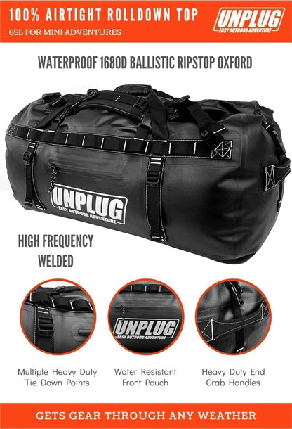 UNPLUG Ultimate Adventure Bag | 1680D Heavy Duty Waterproof Bag | Large Travel Duffle Bag which can be Used for Camping, Motorcycling, Boating, or Hunting (65L Blackops)