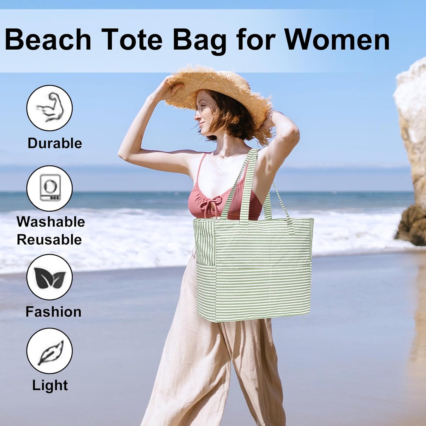 LEDAOU Large Beach Tote Bag Women Waterproof Sandproof Zipper Beach Tote Bag for Pool Gym Grocery Travel with Wet Pocket
