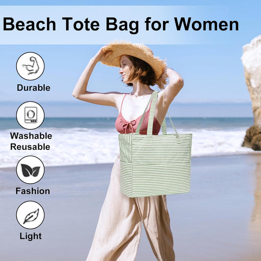 LEDAOU Large Beach Tote Bag Women Waterproof Sandproof Zipper Beach Tote Bag for Pool Gym Grocery Travel with Wet Pocket