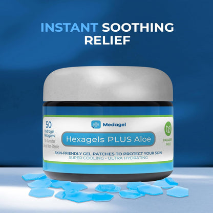 Hexagels Plus Aloe Vera - Advanced Healing Hydrogel Pads for Blister Prevention & Soothing Burn Care - Foot, Heel, Toe, & Ankle Protection, Pack of 50, 1-Inch Patches, by Medagel, Paraben Free Formula