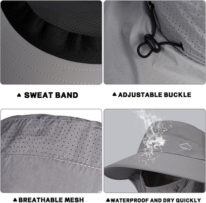 Rosoz Sun Hat for Men Women with Neck Flap,Wide Brim UPF50+ Fishing Hat with Detachable Face Cover Outdoor Sun Protection Hat