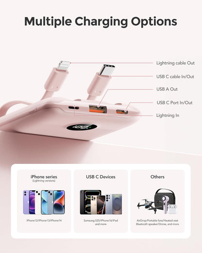 Mini Portable Charger with Built-in Cables 22.5W Fast Charging Power Bank USB-C Small Battery Pack 10000mAh Travel Essential Slim Battery for iPhone 16/15/14, Samsung 25/24, and More