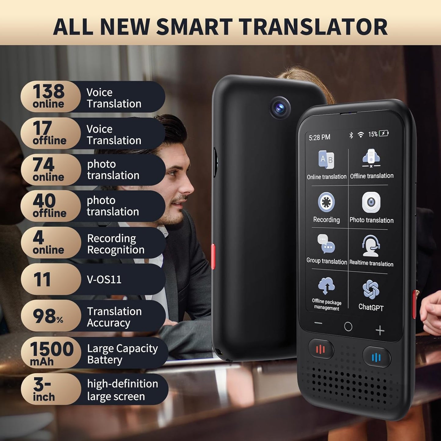 Language Translator Device No WiFi Needed, Upgraded Ai ChatGpt Translator with 150+ Languages, Offline/Photo/Real Time Translation Device for Travel Business Learning