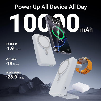 3-in-1 Portable Charger, 10000mAh Foldable Power Bank Fast Charging,MagSafe Charger Battery Pack Magnetic,Travel Wireless Charging Station for iPhone 16/15/14/13/12,iWatch, Air pods, White