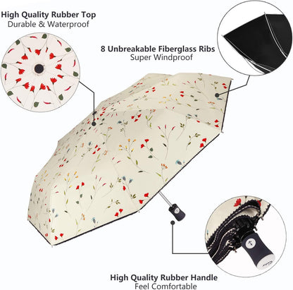 Cuby UV Sun Umbrella Compact Folding Travel Umbrella Auto Open and Close for Windproof, Rainproof & 99.9% UV Protection Parasol with Black Anti-UV Coating (Flowers)