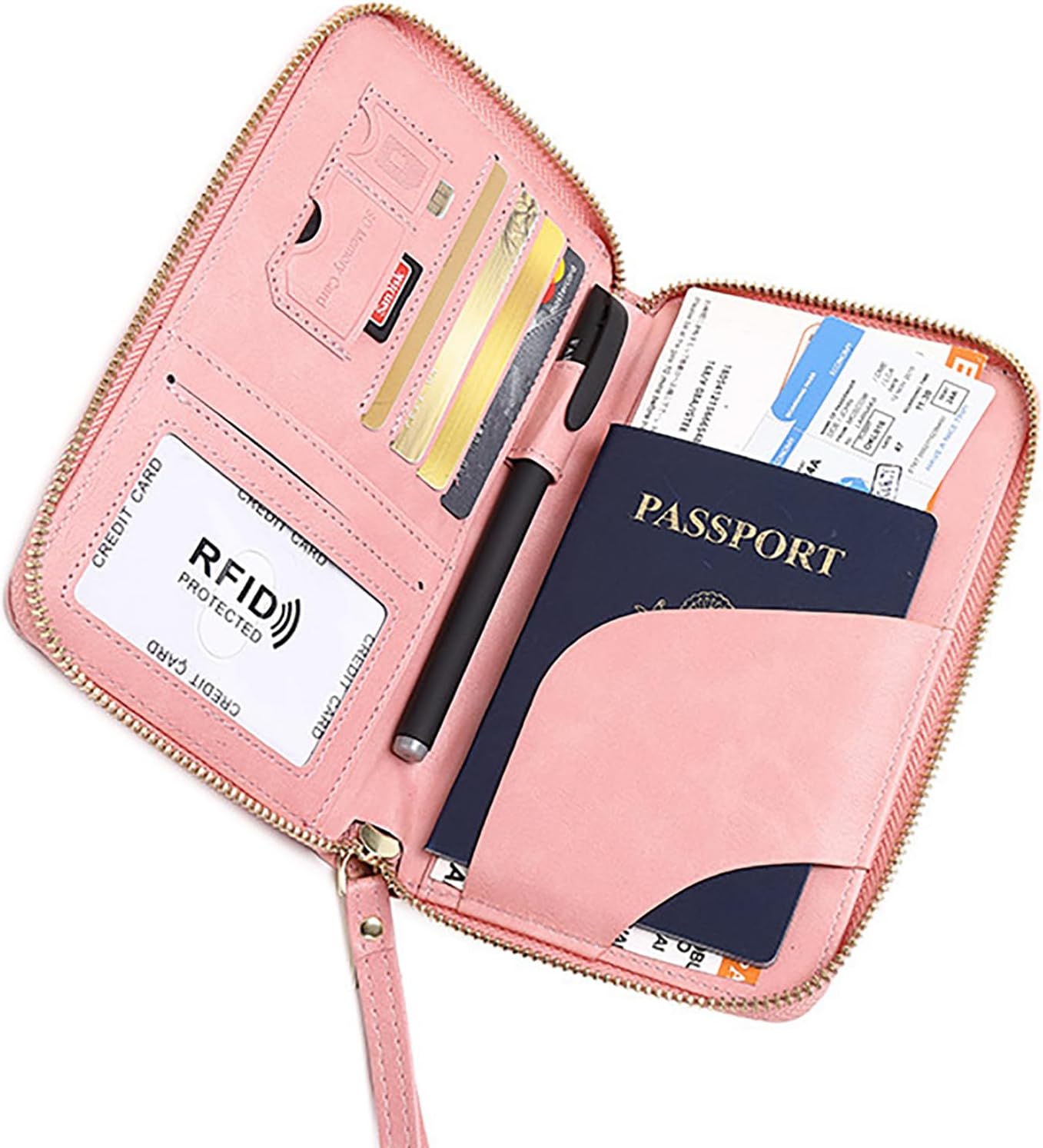 Rowgins Rfid Blocking Passport Holder Wallet, Rowgins Rfid Passport Holder with Zipper, PU Leather PassportHolder for Travel (PINK)