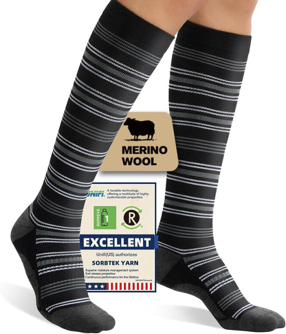Merino Wool Compression Socks for Women Men, 15-20 mmHg Knee High Socks for Flying, Travel, Running