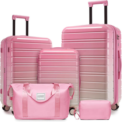 LARVENDER Luggage Sets 5 Piece Hardside Expandable Suitcase with Wheels Lock,PC+ABS Hardside Lightweight Rolling Suitcase for Women and Men,Peach Sparkling