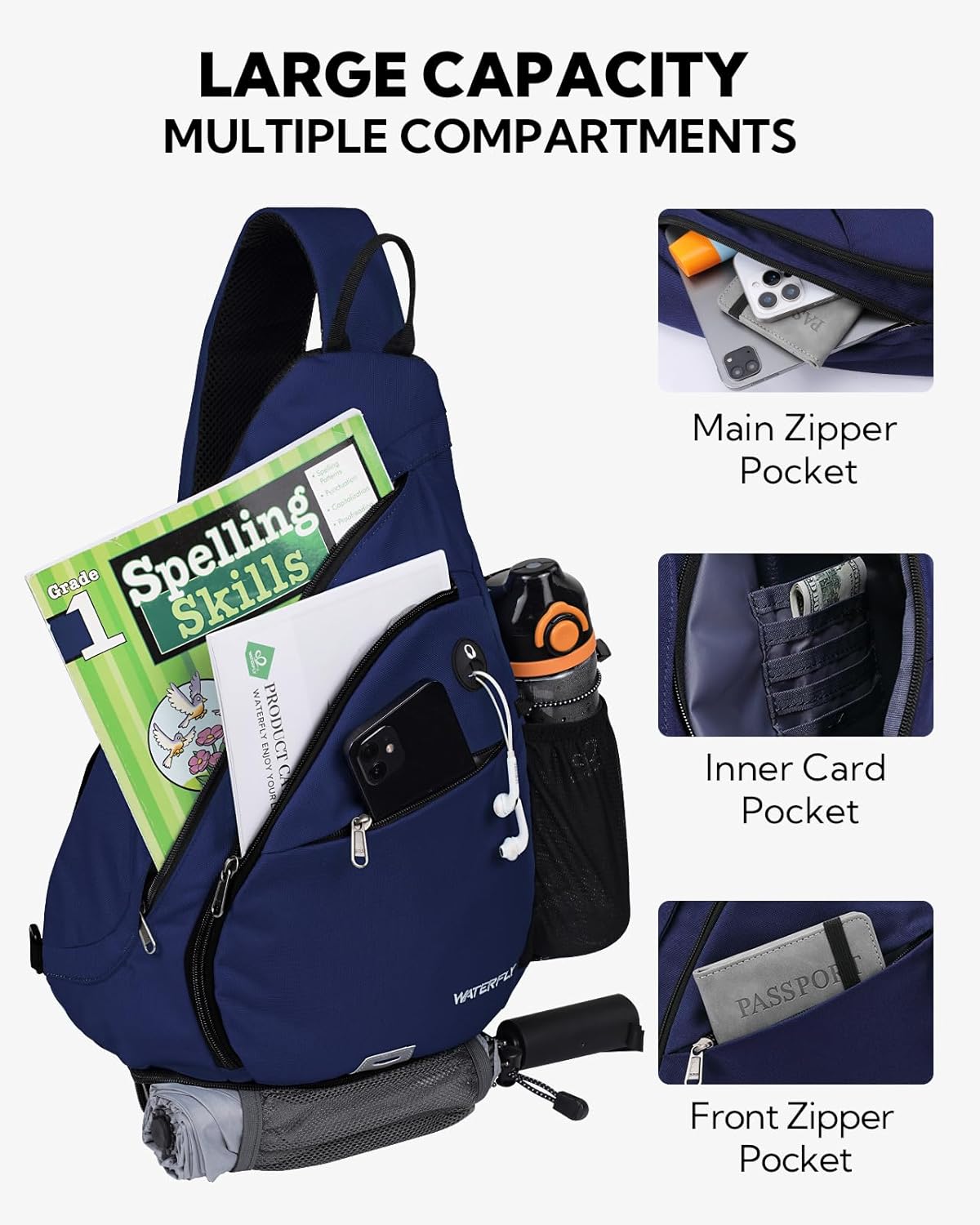 WATERFLY Large Crossbody Sling Bag: Over Shoulder Backpack Daypack Casual Cross Chest Side Pack