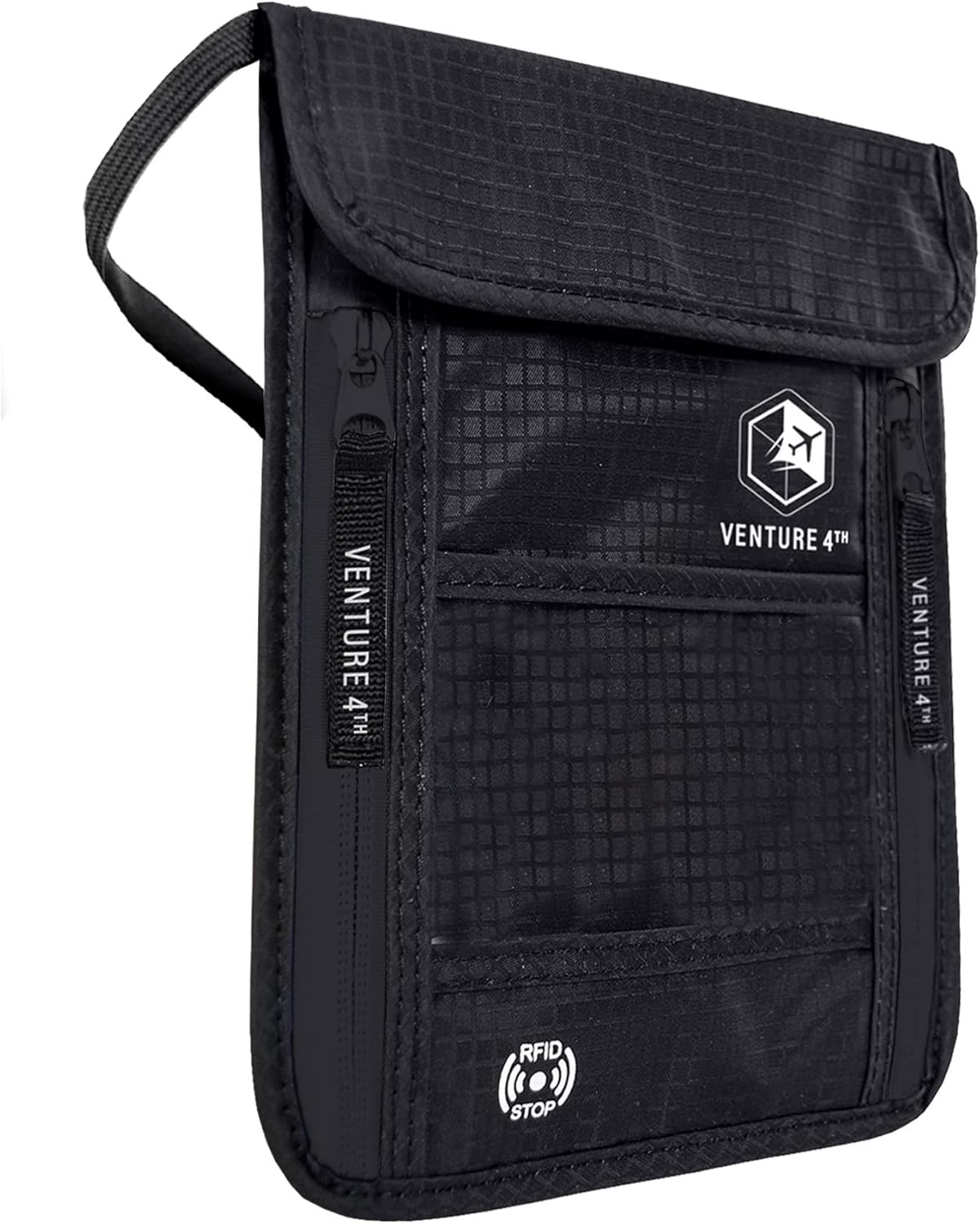 VENTURE 4TH Passport Holder Neck Wallet with RFID Blocking Nylon Lining - Hidden Neck Pouch for Travel (Pure Black)
