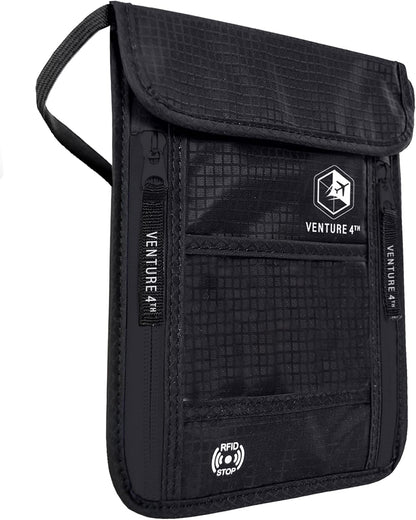 VENTURE 4TH Passport Holder Neck Wallet with RFID Blocking Nylon Lining - Hidden Neck Pouch for Travel (Pure Black)