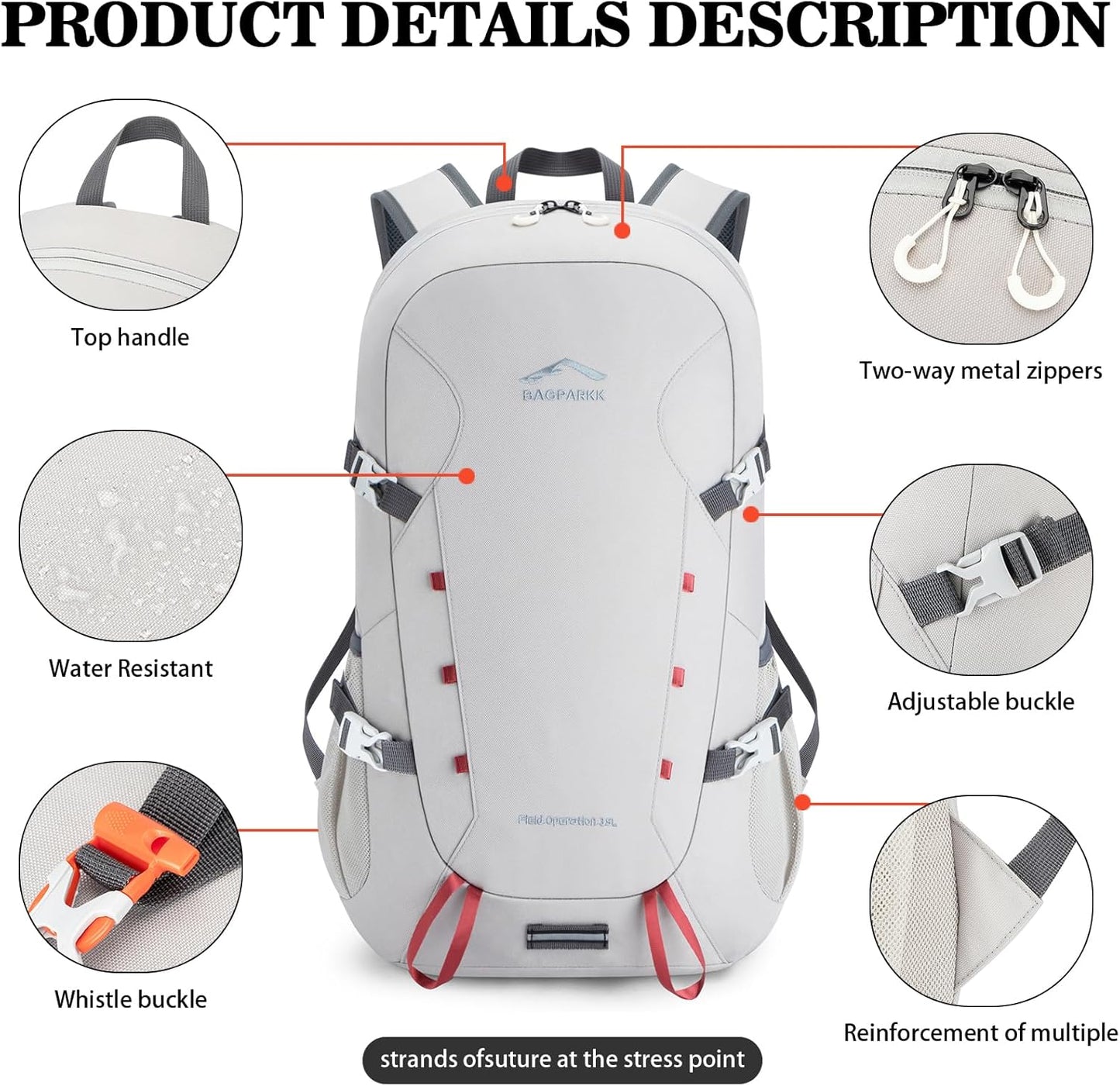 Hiking Backpack,Large 35L Travel Backpacks for Men Women,Ultra Lightweight Packable Camping Daypack for Outdoor Sports (Light Gray)