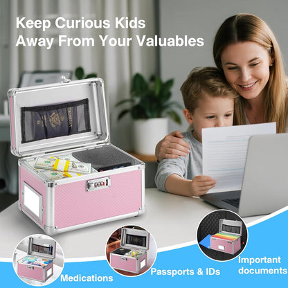 15 x 8.7 x 10 Inch Lockable Storage Box with Combination Lock, Portable Safe for Documents, Medicine, Cash & Valuables, Medicine Lock Box with Label Slot for Home, Office & Travel - Pink