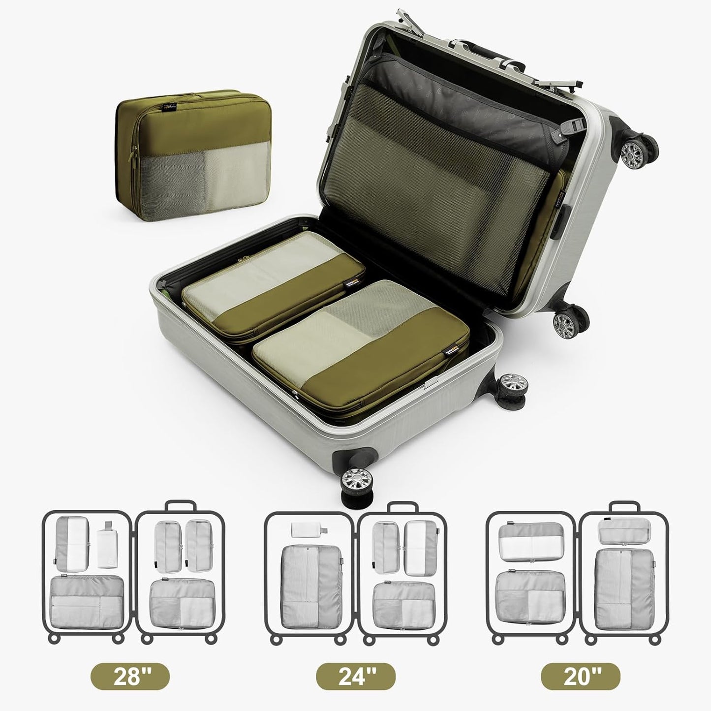 Compression Travel Packing Cubes, 6 Set Expandable Luggage Organizer Bags, Durable Travel Accessories for Suitcases, Backpacks, and Carry-Ons (Army Green)