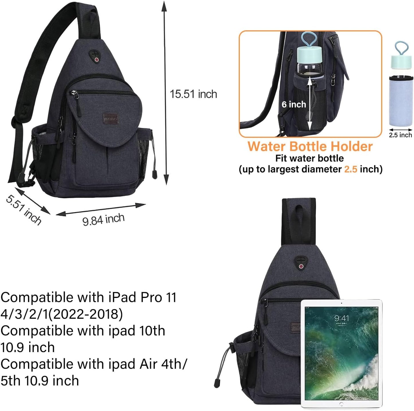 MOSISO Sling Backpack,Canvas Crossbody Hiking Daypack Bag with Anti-theft Pocket, Space Gray