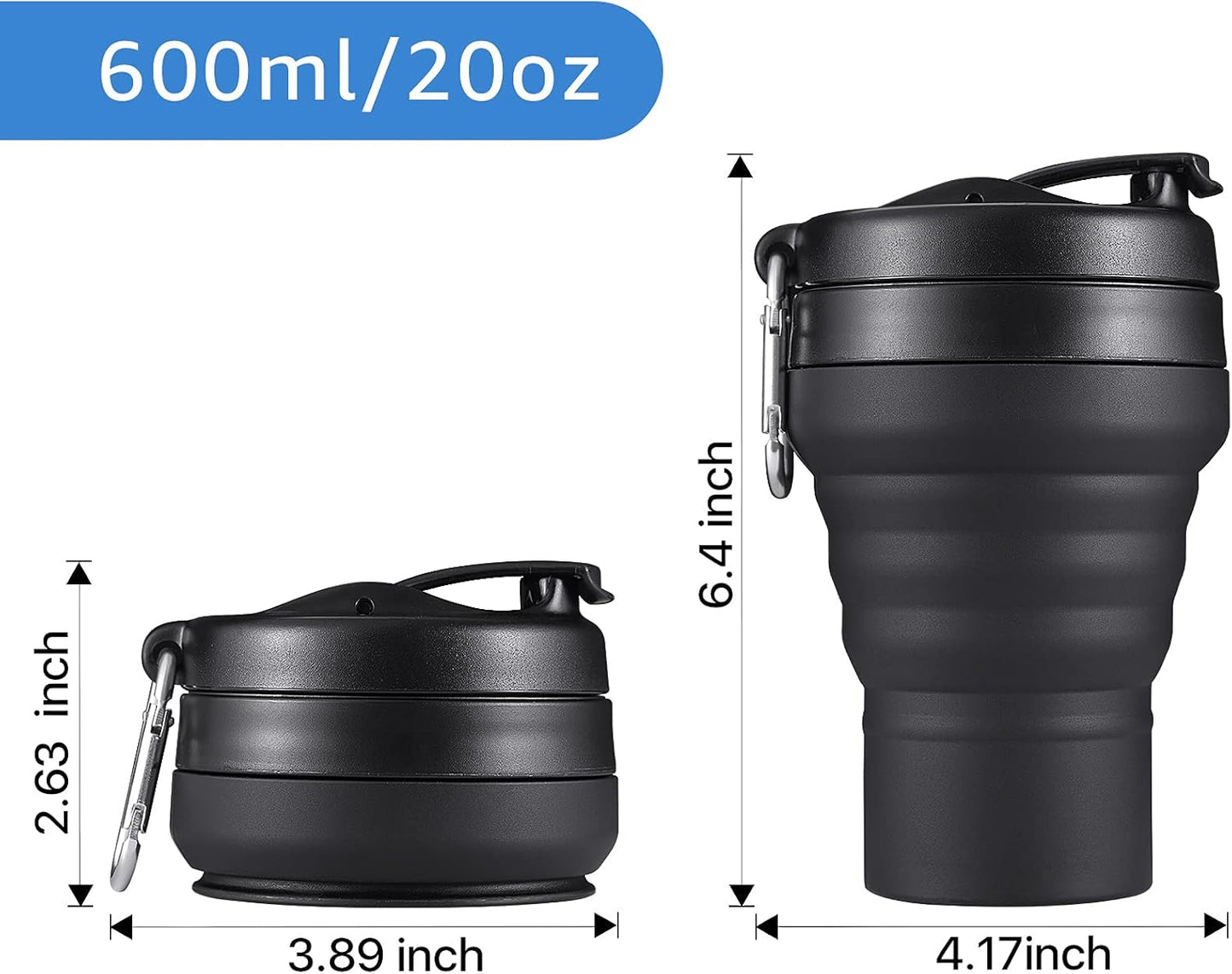 Collapsible Coffee Cup, 2 Pack 20 OZ 600ml Silicone Travel Folding Cup, Leak Proof BPA Free Portable Cup, Travel mug with Lids for Camping hiking (2 * 20OZ)