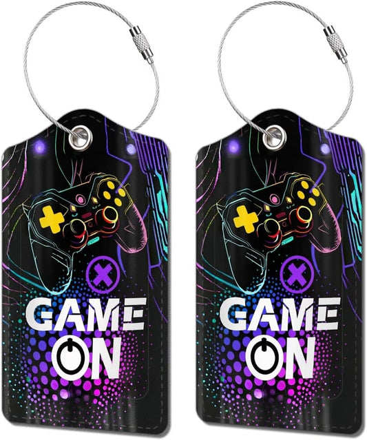 2 Pack Luggage Tag for Suitcase, Cute Unique Leather Bag Tags Identifiers Privacy Cover ID Label with Durable Steel Loop for Women Men Kids Girls Travel, Game on