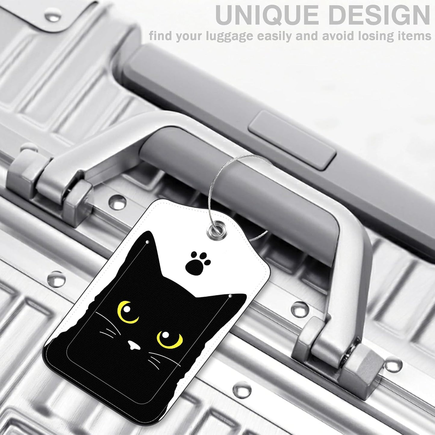 Set of 2 Luggage Tags Cute Black Cat Luggage Tags for Suitcases Leather Suitcase Tags Identifiers with Privacy Name Address Label and Stainless Steel Loop for Women Men Travel Luggage Accessories