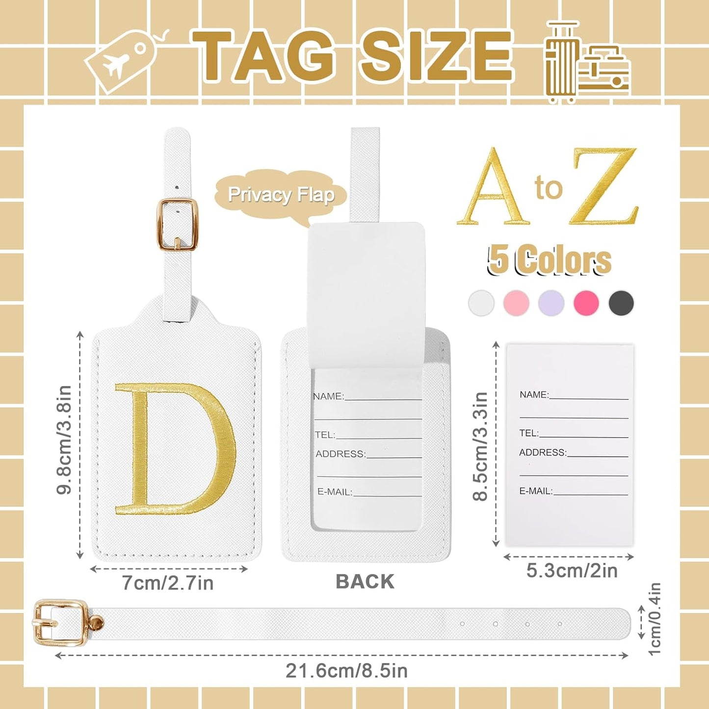 Personalized Initial Luggage Tags for Suitcase TSA Approved, White Leather Cute Luggage Tag with Privacy Cover Name Card, Embroidered Custom Luggage Tags Travel Baggage Tags Gifts for Women Kids(D)